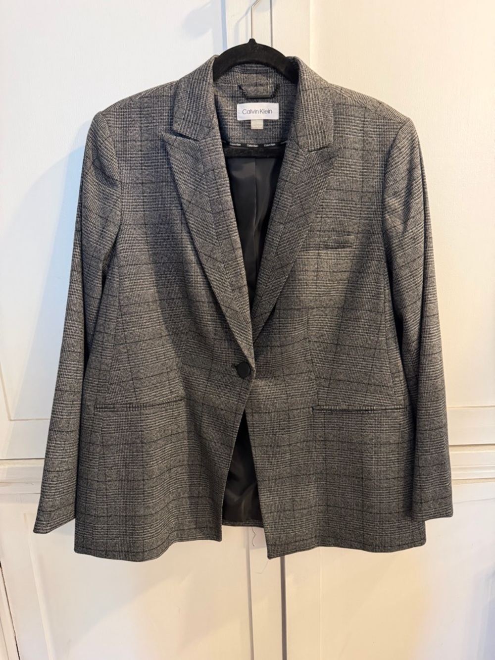 Calvin Klein Gray Plaid Tailored Single-Button Blazer